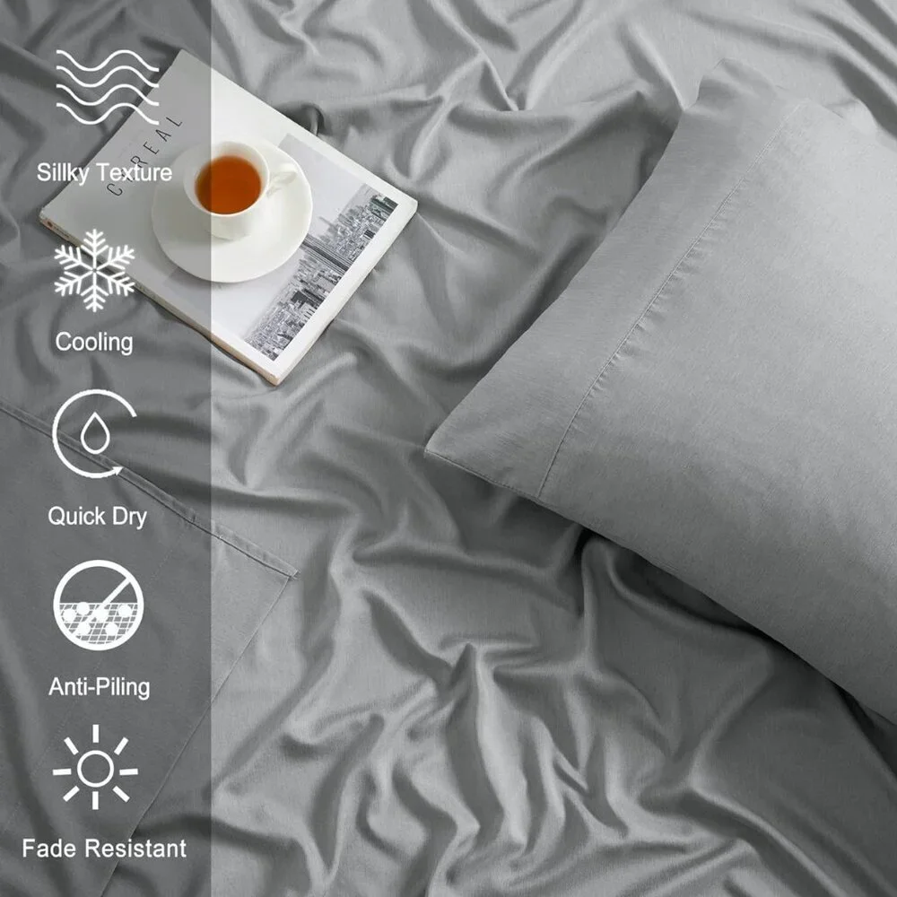 Queen Cooling Sheets Set COMFLIVE 4PC Rayon Cool Fiber Deep Pocket Bedding Silky